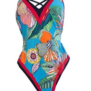 Trina Turk Vibrant Floral V-Neck One-Piece Swimsuit - Size 2 - Minor Wear